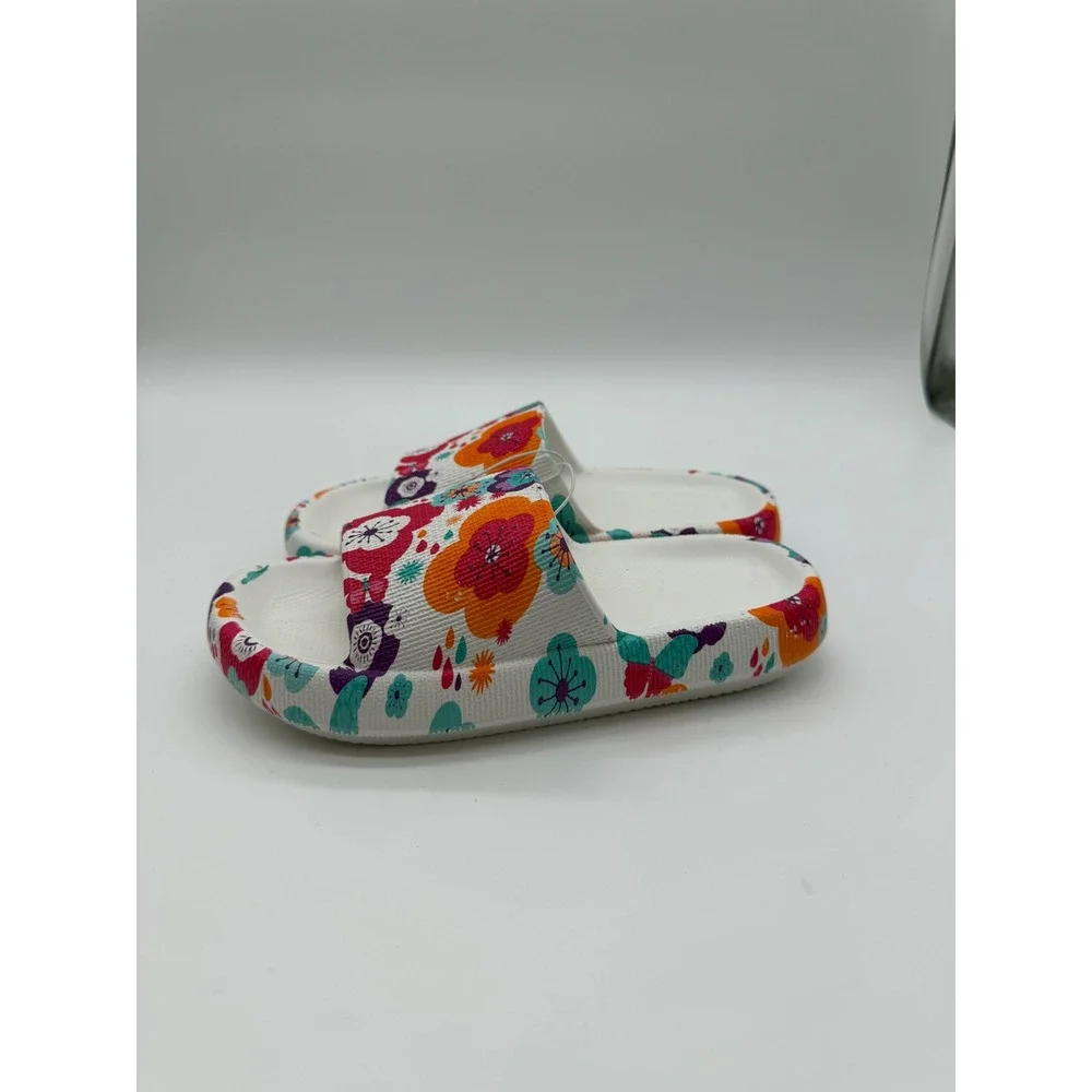 Kids Floral Print Foam Slide Sandals White Multi Color Pool Beach Shoes Size 2